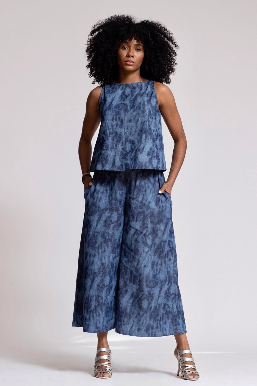 Pantalon Large Taille Elastique Julya Deep&Bleu